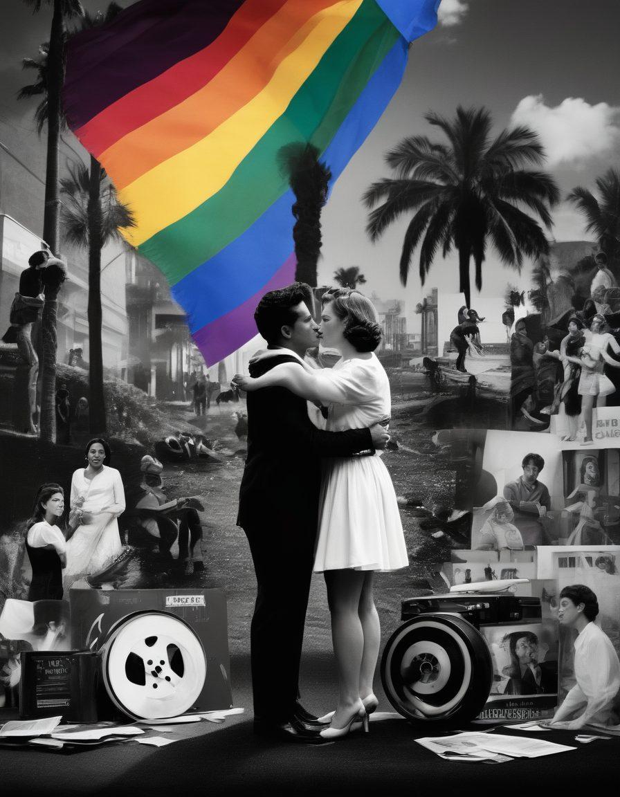 A dynamic collage showcasing iconic LGBTQ movie scenes from both classic and modern films, merging timeless black-and-white elements with vibrant, contemporary visuals. Include a rainbow flag subtly woven through the collage, while featuring characters in diverse poses that express love and pride. The background should have a film reel and a clapperboard to signify the cinematic theme. The atmosphere should evoke nostalgia mixed with a sense of modernity. vibrant colors. collage style.