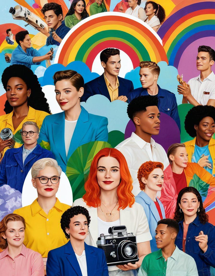 A vibrant, colorful collage of queer movie posters blending together, featuring diverse characters and scenes that celebrate LGBTQ+ culture. Include iconic symbols like rainbows and film reels intertwined with images of celebration and unity. The background should be a lively, abstract pattern that reflects a sense of joy and acceptance. super-realistic. vibrant colors. white background.