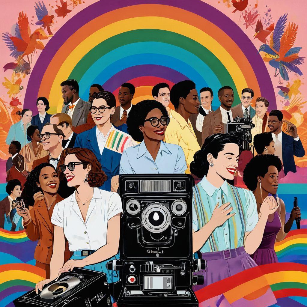 A vibrant collage of iconic scenes from LGBTQ films, featuring diverse characters expressing joy, love, and courage. Include a rainbow color palette as a backdrop, with film reels and a vintage film projector subtly in the composition. Showcase both classic and contemporary queer cinema elements to highlight must-sees and hidden gems. Emphasize a sense of celebration and inclusivity. colorful illustration. vibrant colors. dynamic composition.
